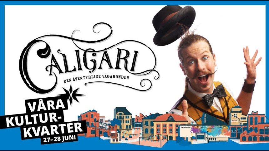 Text med Caligari och en glad vagabond med hatten flygandes av.