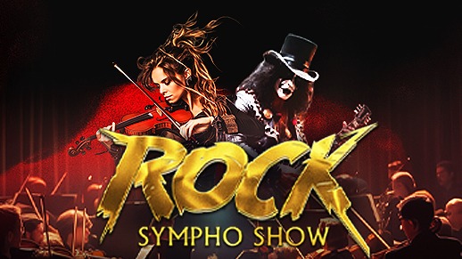 En bild föreställandes en kvinna som spelar fiol och en man med hatt som spelar elgitarr. Runt dessa sitter flera musiker. Bildtext: Rock Sympho Show.