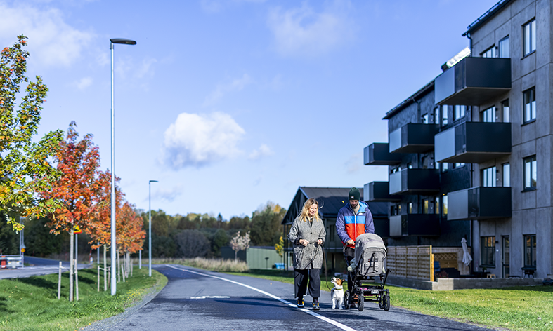 Par som är på promenad med sin hund och barnvagn i ett bostadsområde.