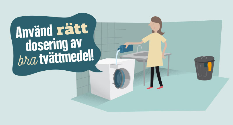 illustration av kvinna som doserar tvättmedel i tvättmaskin.