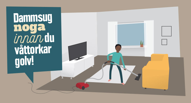 illustration av person som dammsuger ett vardagsrum.