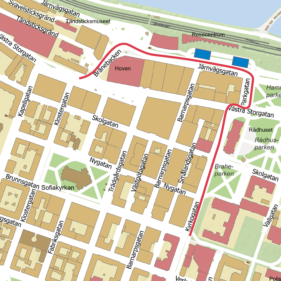 Röd markering visar var gatan är avstängd för biltrafik. Blå markering visar parkeringsplatser tas bort under projektet.