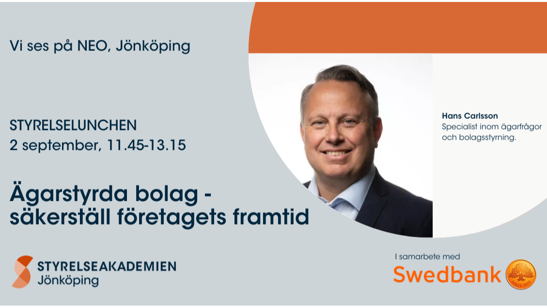 Bild med text till inbjudan styrelselunch samt bild på Hans Carlsson