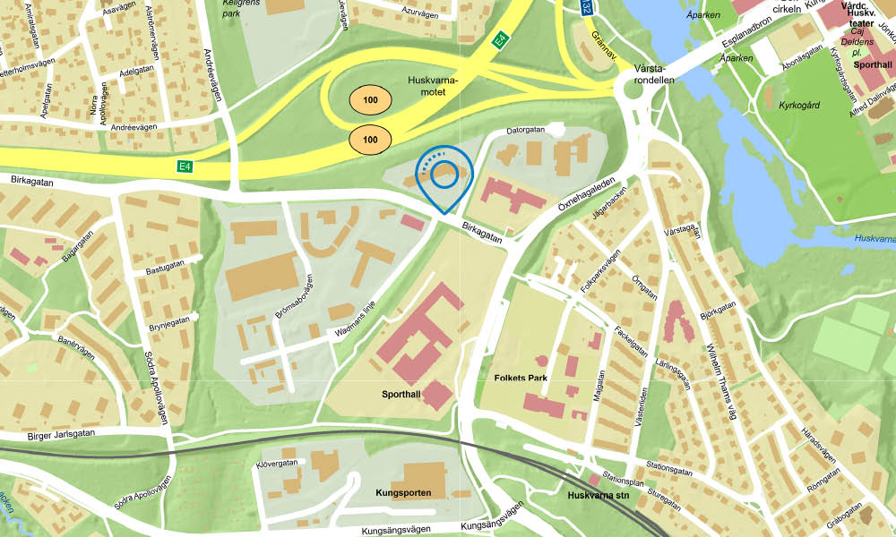 Kartbild med markering vid de gator som berörs i trafiktestet.