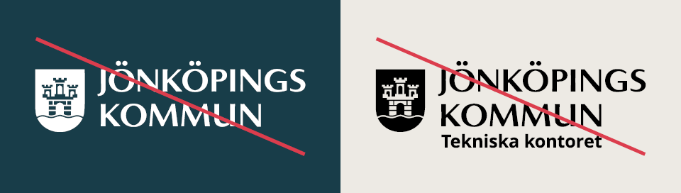 Två överkryssade versioner av logotypen så som den inte får vara.