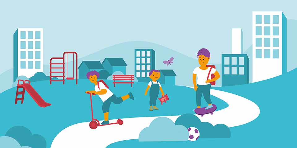 Illustration, Tre barn i olika åldrar står på en väg. Det minsta barnet håller i en nalle. Mellanbarnet åker sparkcykel och det äldsta barnet står på en skateboard.