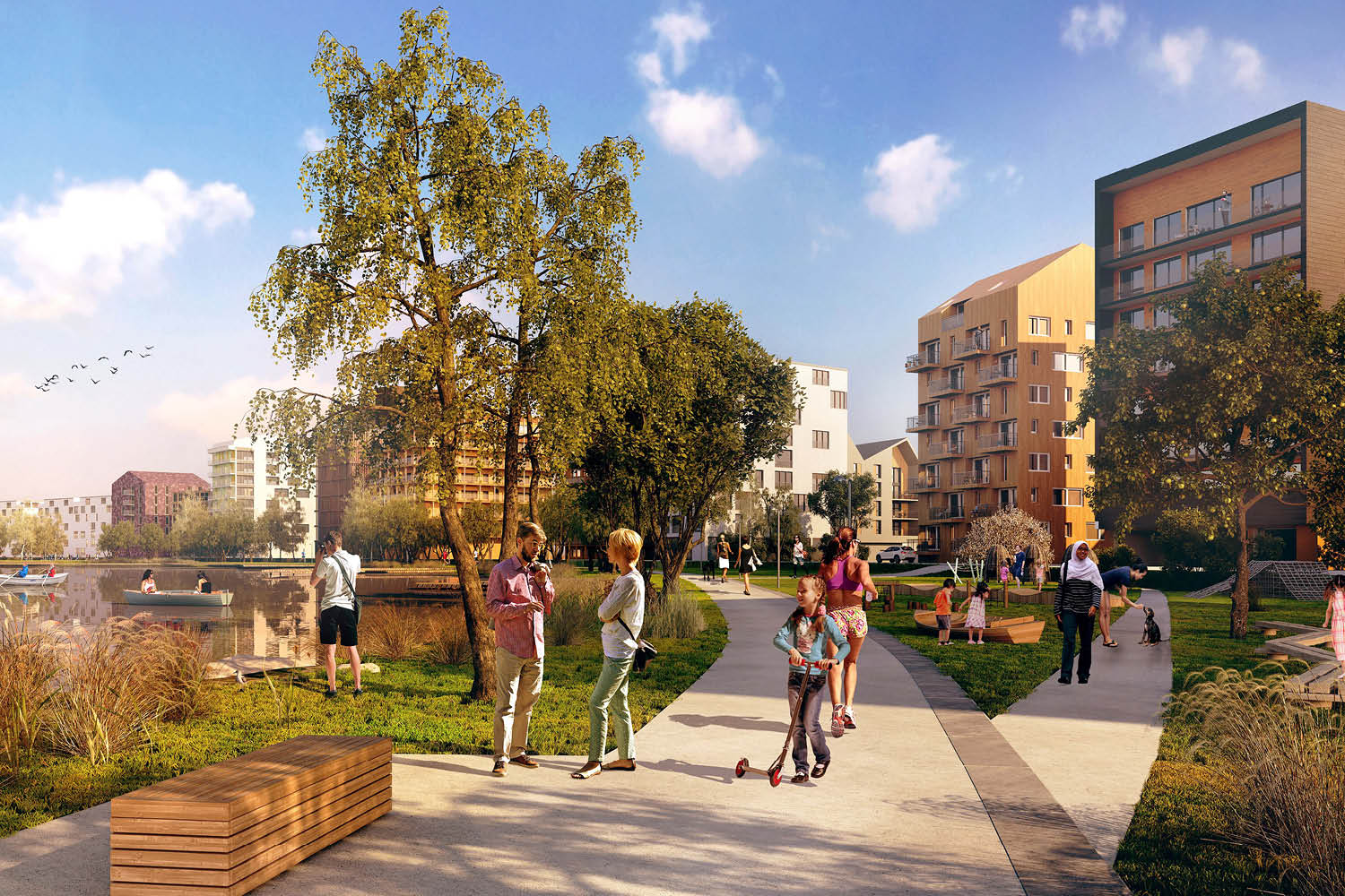 Illustration som visar hur framtida Skeppsbroparken kommer se ut, med grönska, gång- och cykelväg och sittplatser vid Munksjön.