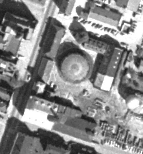 Arkivbild flygfoto från 1960 över Jönköpings gasverk