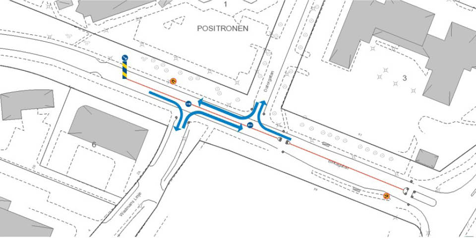 Kartbild som visar en översikt över berörda gator, med pilar och markeringar för hur trafiken ska flyta på under provperioden.