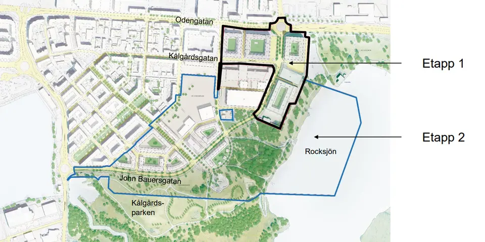 Kartbild över ett område som visar etappindelning för en detaljplan.