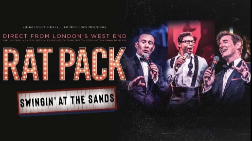 Tre män som sjunger i var sin mikrofon. Bildtext: Direct from London's West End. Rat Pack Swingin' at the Sands.