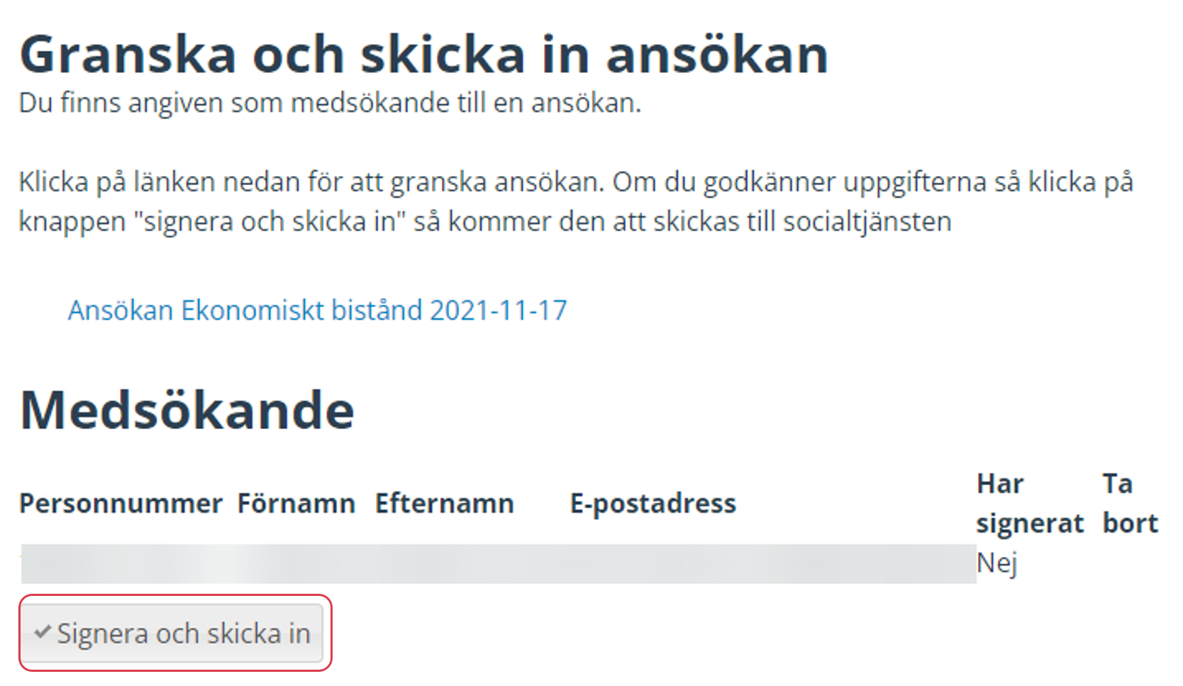 Vit bakgrund med text i svart. Rubrik: Granska och skicka in ansökan.