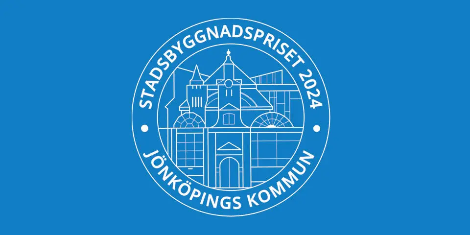 Symbolen för stadsbyggnadspriset som visar siluetten av olika byggnader, samt texten Stadsbyggnadspriset 2024, Jönköpings kommun.