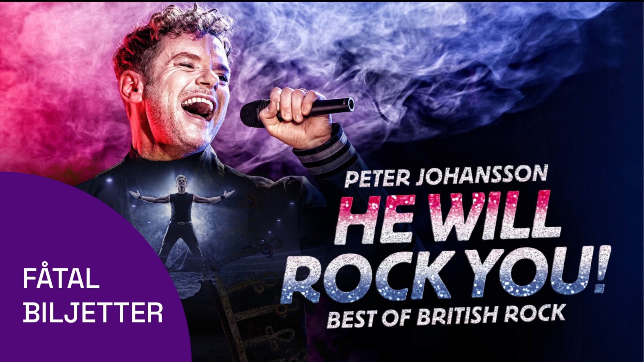 En man sjunger med en mikrofon i ena handen. Bildtext: Peter Johansson. He will rock you! Best of British Rock.