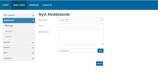 Under meddelanden i vänstermenyn finns valen Skriv nytt, Mottagna och Skickade. Väljer du Skriv nytt får du upp Nytt meddelande i mittenspalten där du väljer mottagare, fyller i ämnet och skriver meddelandetexten. Du kan bifoga filer genom att klicka på ikonen Välj och sedan skickar du genom att klicka på knappen Skicka.