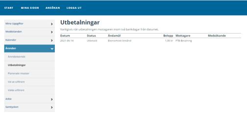 Under Mina sidor/Ärenden/Utbetalningar finns en lista över de utbetalningar som skett i dina ärenden. I listan står datum, status, ändamål, belopp, mottagare och eventuell medsökande.