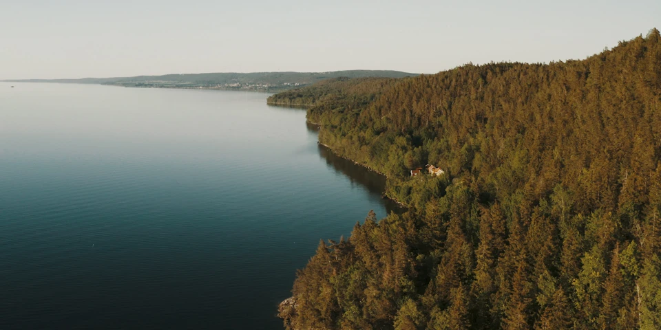 En stilla Vättern möter skogsklädda branter.