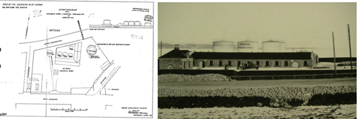 T.v. Situationsplan över det f.d. oljedepåområdet. T.h. foto över oljedepån: Källa: Fotograf i Jönköping 1904-1957, Emil Eriksson.