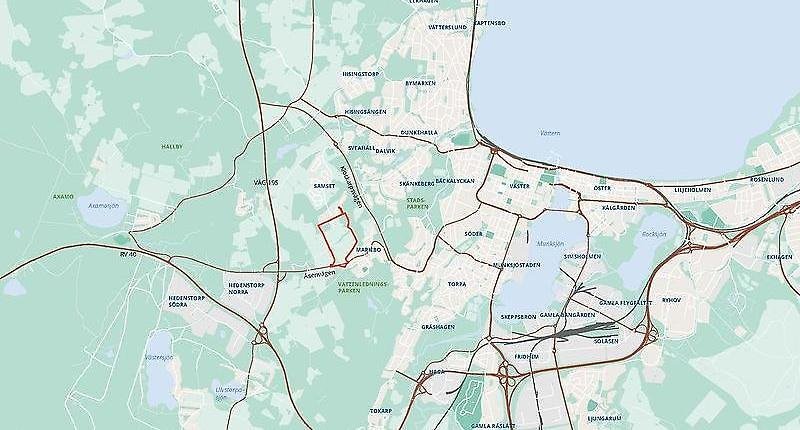 Karta över centrala Jönköping där planområdet är inringat med en röd markering.