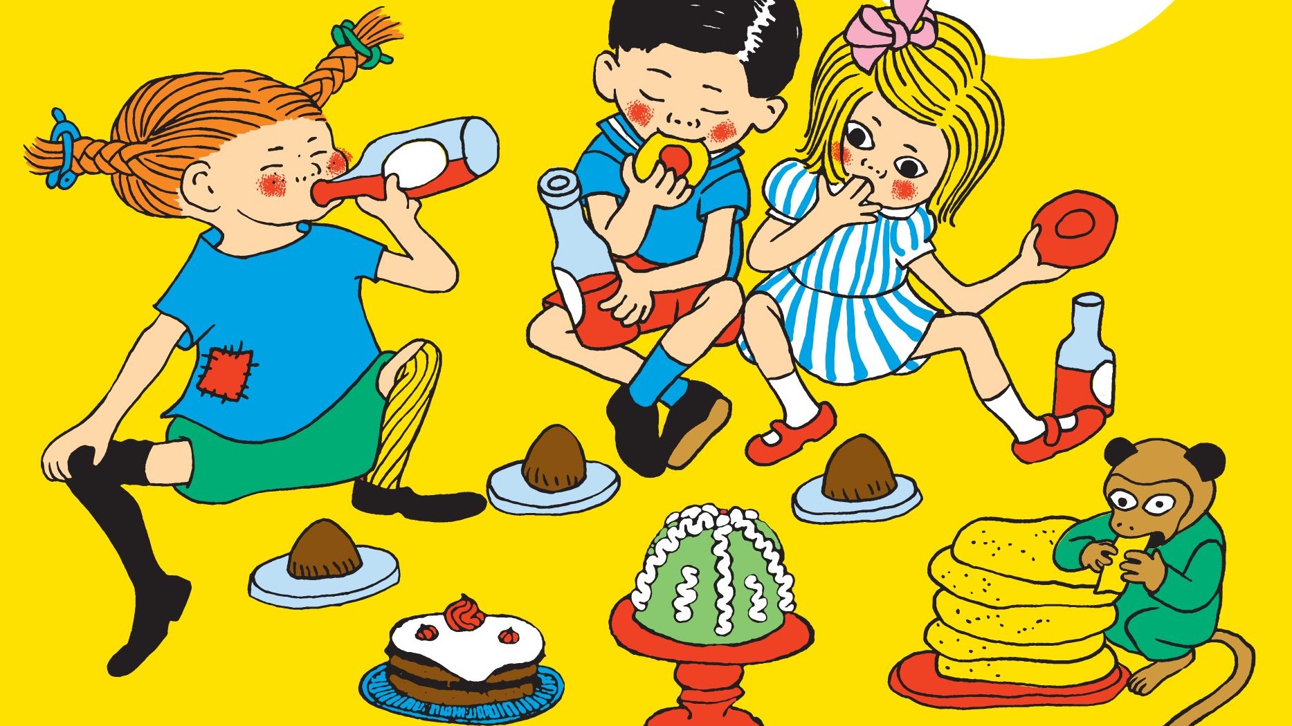 Pippi dricker saft med Tommy & Annika. Herr nillson äter en pannkaka.
