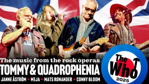 Tre män och en kvinna sjunger och spelar framför en brittisk flagga. Bildtext: The music from the rock operas Tommy & Quadrophenia med Janne Åström, Meja, Mats Ronander och Conny Blom. The Who 2025.