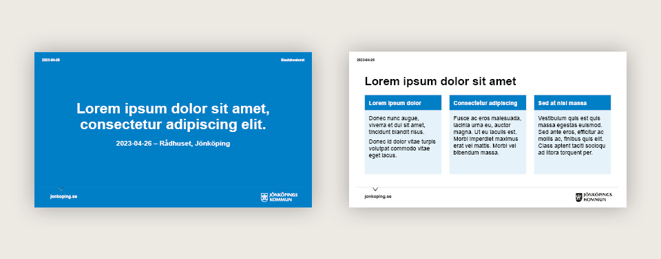 Visar powerpointmallen med första sida och en innehållssida.