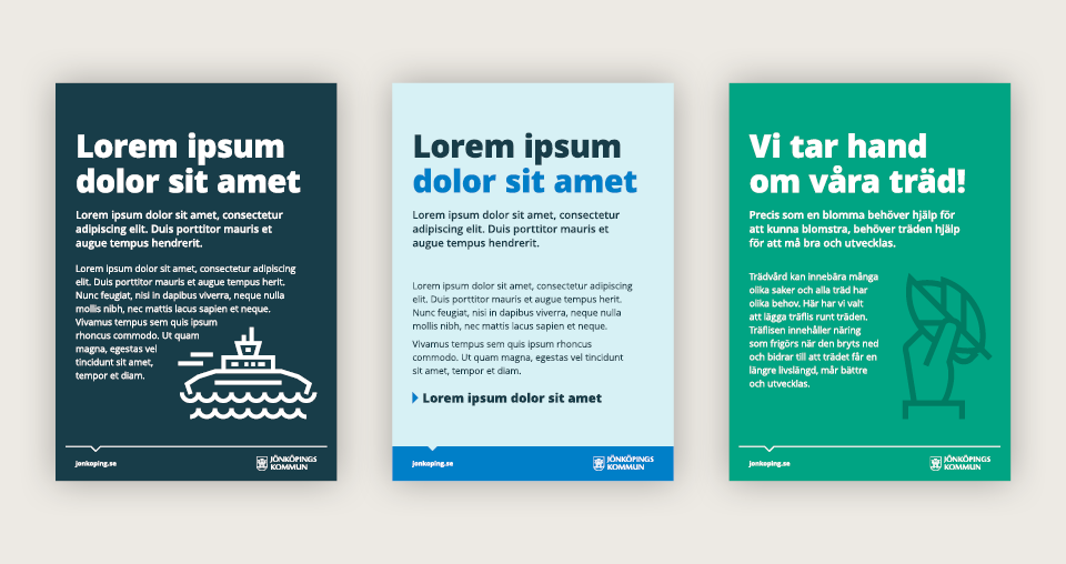 Exempel på tillfälliga utomhusskyltar i olika färgkombinationer.