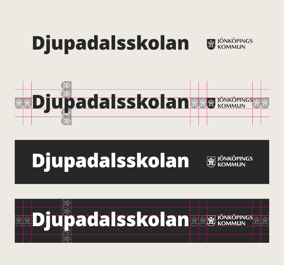 Exempel på fasadskyltar som visar hur text och logotyp ska förhålla sig till varandra.
