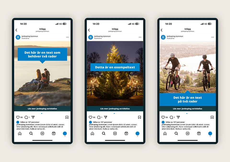 Tre exempel på inläggsmallar. En mall med textblock i ovankant. En mall med textblock i mitten. En mall med textblock i botten.