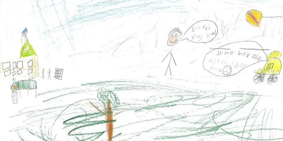 En teckning där en person säger "Bilfri väg. Jaaa" och en bil som säger "Jaha här får man inte köra". Hus och grönska syns i bilden.