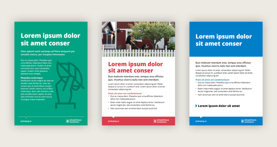 Tre exempel på affischer som följer den grafiska profilen.