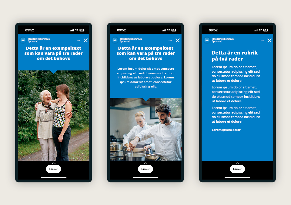 Tre exempel på inläggsmallar i stående format. En bild med stor bild. En bild med hälften bild och hälften text. En bild med enbart text.