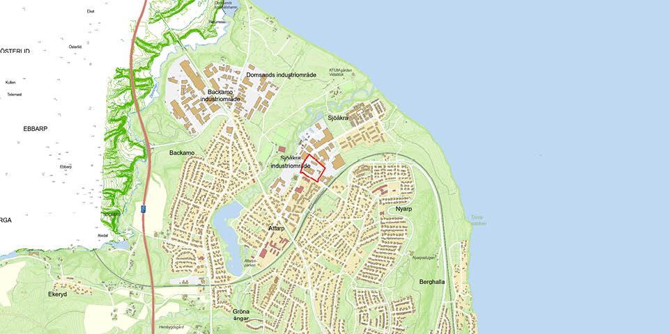 Kartbild med vy över Bankeryd i Jönköpings kommun, där planområdet är inringat med röd färg.