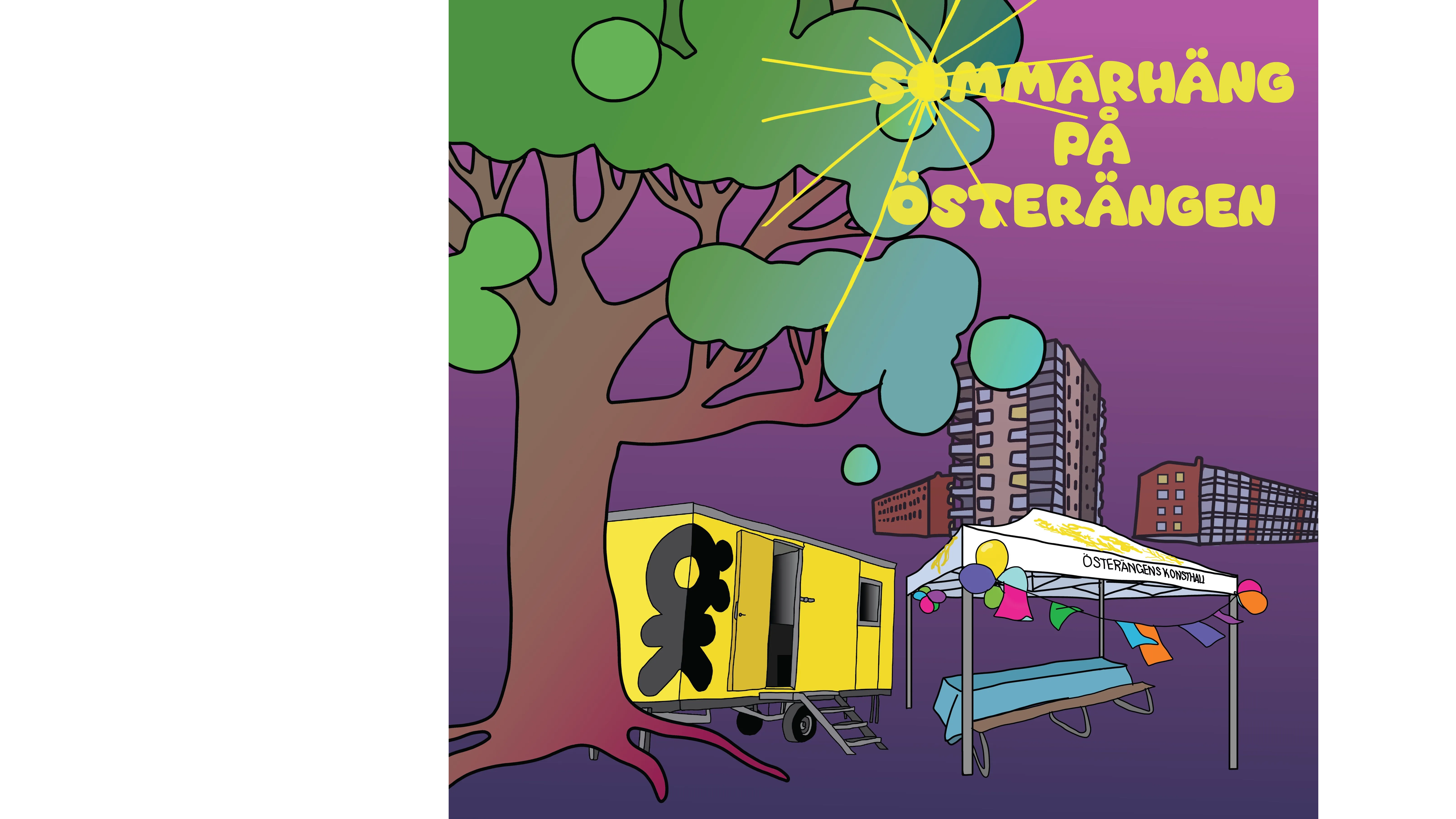 En tecknad bild föreställande en gul trailer med texten Sommarhäng på Österängen.