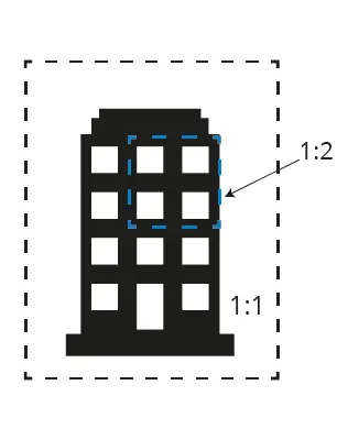 Illustration som visar en tredimensionell fastighetsbildning, där en del av ett flerbostadshus är en fastighet.