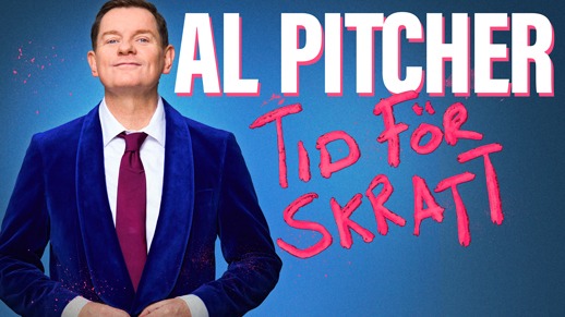 En person står framför en blå bakgrund. Bildtext: Al Pitcher. Tid för skratt.