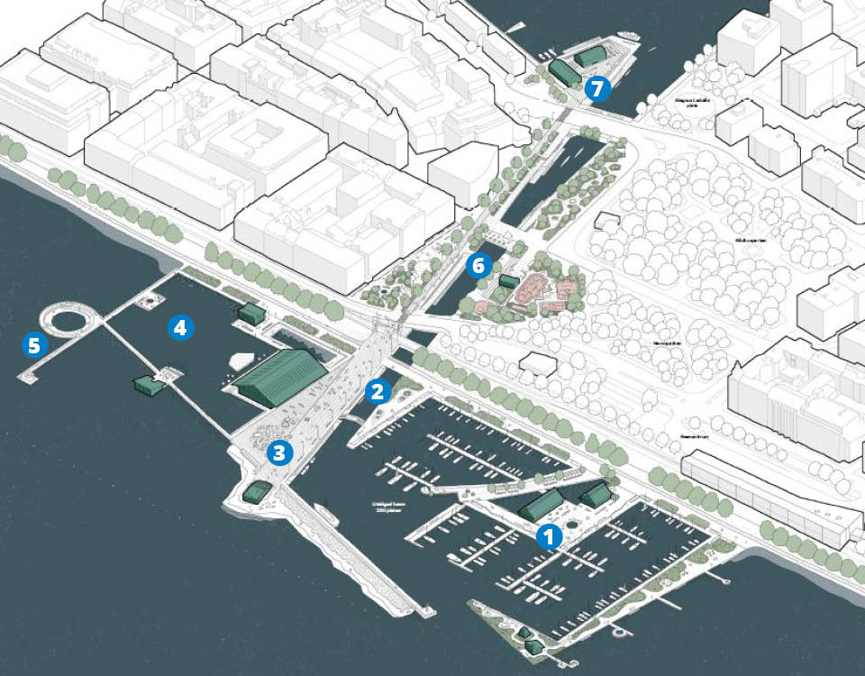 Illustration av Vättern med bryggor, pirer, byggnader och grönska.