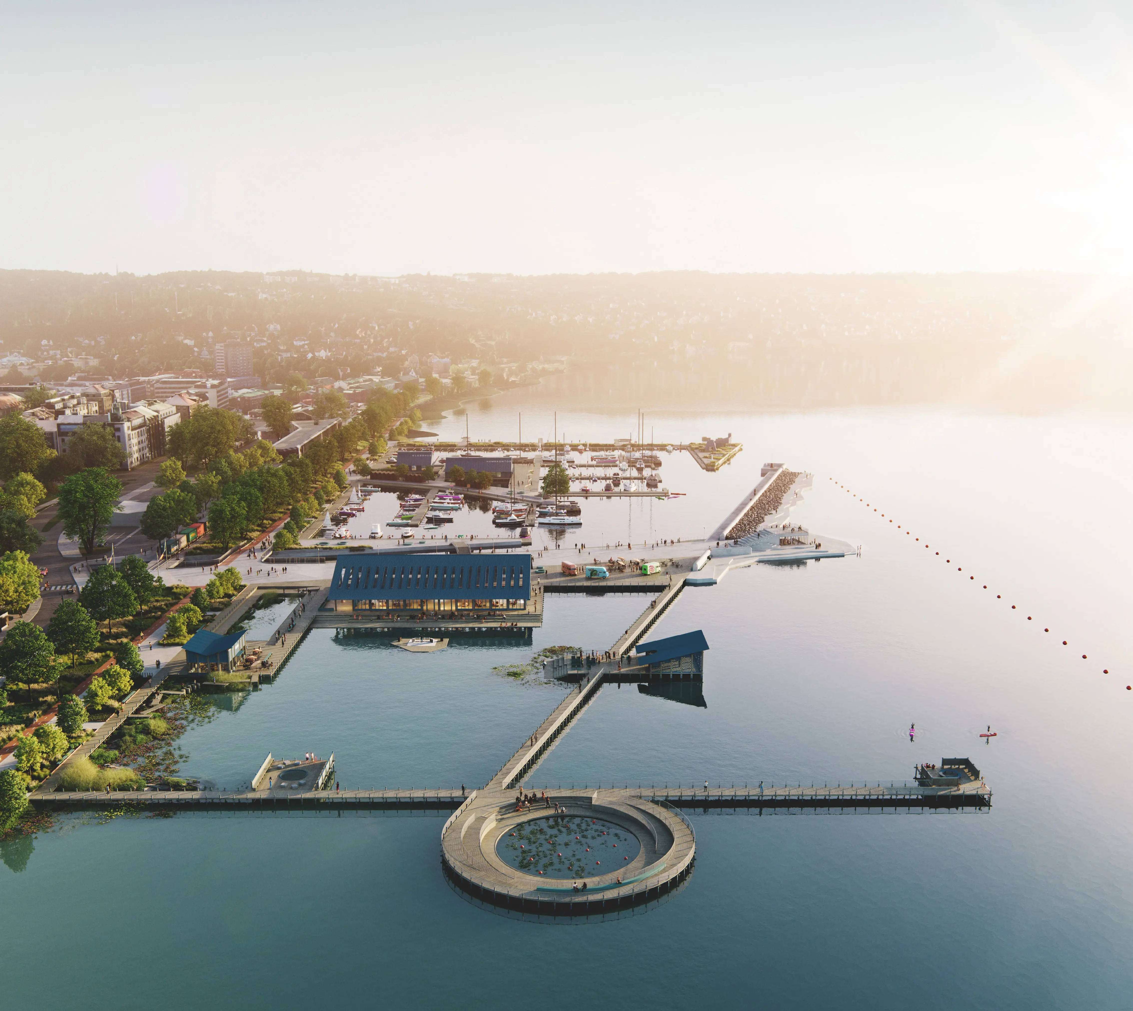 Illustration som visar södra Vättern med bryggor, pirer, grönska och byggnader. 