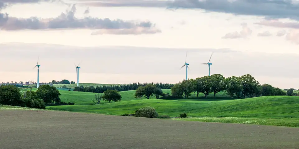 Landskap med vindkraftverk.
