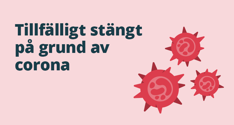 Rosa illustration med röda virus och texten tillfälligt stängt på grund av corona.