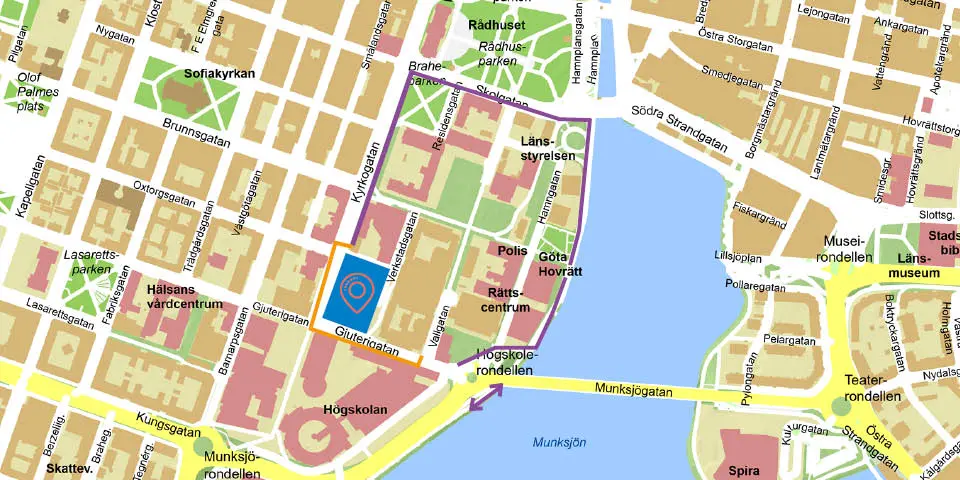 Kartbild som visar en del av centrala Jönköping med markeringar där gång- och cykelväg är öppen intill byggnationen.