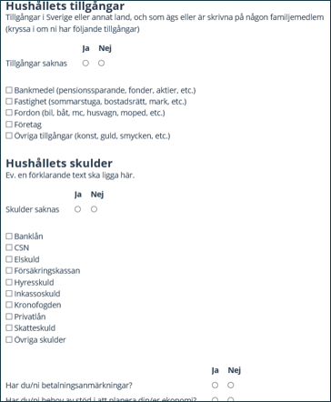 Ett formulär där du fyller i om hushållet har tillgångar, exempelvis bankmedel, fastighet, fordon, företag och övriga tillgångar som konst och guld. Du ska också fylla om hushållet har skulder, exempelvis banklån, elskuld, skuld till Försäkringskassan, hyresskuld, inkassoskuld, kronofogden, privatlån, skatteskuld, övriga skulder samt om det finns betalningsanmärkningar och om det finns behov av stöd i att planera ekonomin. 