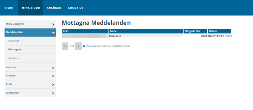 Under Meddelanden i vänstermenyn under Mina sidor finns valen Skriv nytt, Mottagna och Skickade. Väljer du Mottagna finns en lista över de meddelanden du mottagit. I listan framgår vem meddelandet kommer ifrån, vilket ämne meddelanden handlar om, om det finns bifogade filer samt vilket datum meddelandet kom. Till vänster om meddelandet i listan finns en länk Öppna att klicka på för att öppna meddelandet. Har du många meddelanden i listan kan du bläddra mellan sidor genom att använda bläddringsfunktion framåt och bakåt under listan med meddelanden.