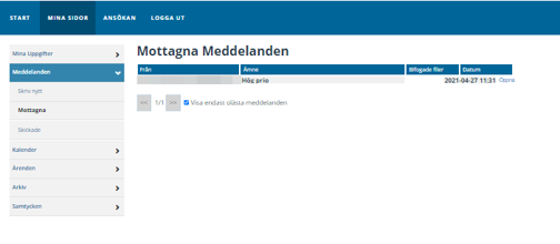 Under Meddelanden i vänstermenyn under Mina sidor finns valen Skriv nytt, Mottagna och Skickade. Väljer du Mottagna finns en lista över de meddelanden du mottagit. I listan framgår vem meddelandet kommer ifrån, vilket ämne meddelanden handlar om, om det finns bifogade filer samt vilket datum meddelandet kom. Till vänster om meddelandet i listan finns en länk Öppna att klicka på för att öppna meddelandet. Har du många meddelanden i listan kan du bläddra mellan sidor genom att använda bläddringsfunktion framåt och bakåt under listan med meddelanden.  