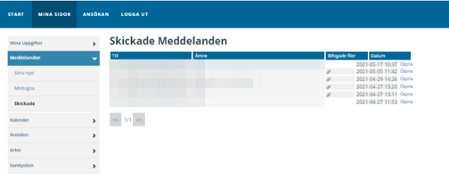 Under Mina sidor/Meddelanden i vänstermenyn finns valen Skriv nytt, Mottagna och Skickade. Väljer du Skickade finns en lista över de meddelanden du skickat till din handläggare. I listan framgår till vem du skickat meddelande till, vilket ämne meddelanden handlar om, om det finns bifogade filer samt vilket datum meddelandet skickades. Till vänster om meddelandet i listan finns en länk Öppna att klicka på för att öppna meddelandet. Har du många meddelanden i listan kan du bläddra mellan sidor genom att använda bläddringsfunktion framåt och bakåt under listan med meddelanden.