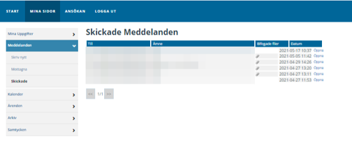 Under Mina sidor/Meddelanden i vänstermenyn finns valen Skriv nytt, Mottagna och Skickade. Väljer du Skickade finns en lista över de meddelanden du skickat till din handläggare. I listan framgår till vem du skickat meddelande till, vilket ämne meddelanden handlar om, om det finns bifogade filer samt vilket datum meddelandet skickades. Till vänster om meddelandet i listan finns en länk Öppna att klicka på för att öppna meddelandet. Har du många meddelanden i listan kan du bläddra mellan sidor genom att använda bläddringsfunktion framåt och bakåt under listan med meddelanden.  