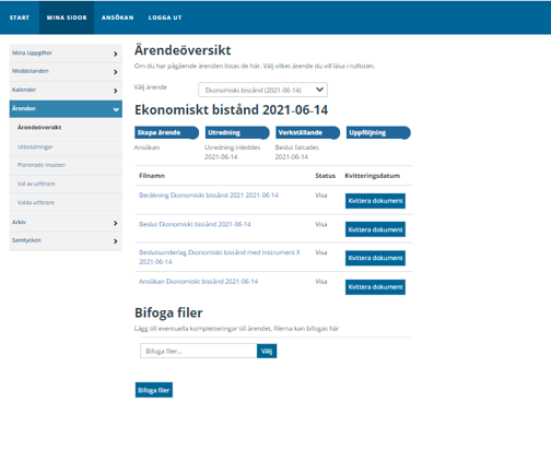 Under Mina sidor/Ärenden i vänstermenyn finns valen Ärendeöversikt, Utbetalningar, Planerade insatser, Val av utförare och valda utförare. Väljer du Ärendeöversikt finns en lista över de ärenden du har pågående. På sidan kan du välja ärende i en utfällbar list. Det går också att följa processen från att ärendet skapades, när utredningen inleddes, till när beslut fattades. Där finns också en rubrik Bifoga filer där det går att klicka på en knapp för att välja filer att bifoga. 