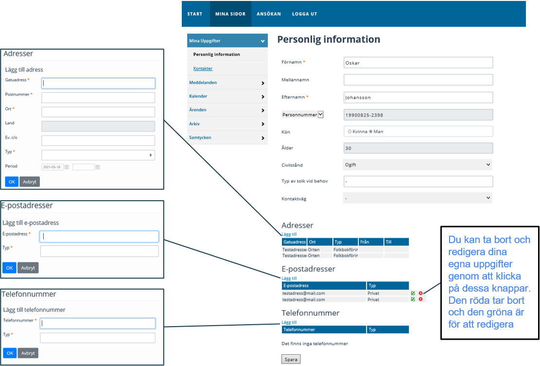 Under mina sidor/Mina uppgifter/Personlig information kan du lägga till adressuppgifter, e-postadresser och telefonnummer genom att klicka på länken Lägg till som finns under respektive kontaktuppgifts rubrik. Du kan ta bort eller redigera dina egna uppgifter genom att klicka på någon av de två ikonerna till höger om kontaktuppgiften där den ena innebär att du tar bort kontaktuppgiften och den andra innebär att du kan ändra uppgiften. 
