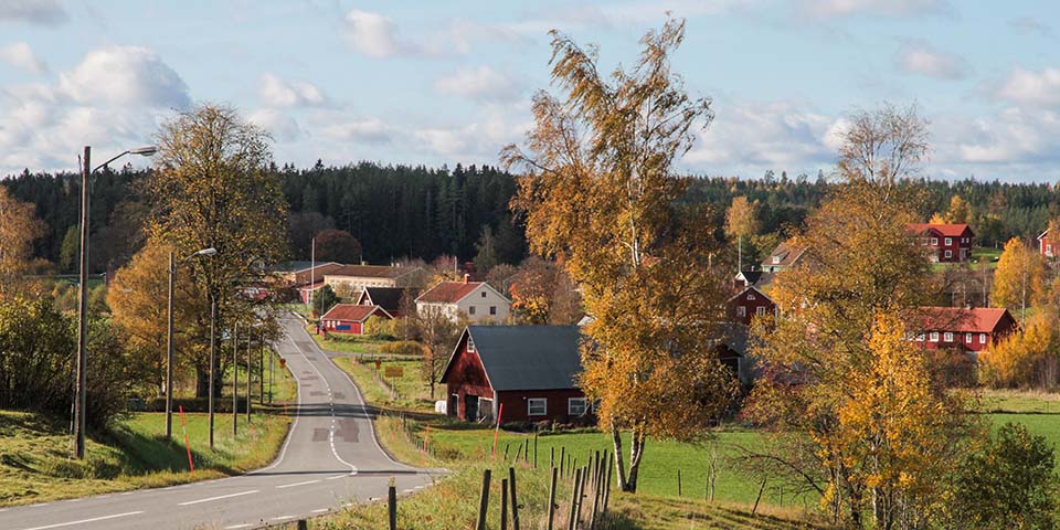 Landsväg som går genom landskap med träd, hus och ladugård.