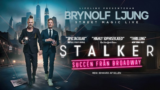 Två män går på en väg med en skyline i bakgrunden. Bildtext: Brynolf & Ljung, Stalker, Succén från Broadway.